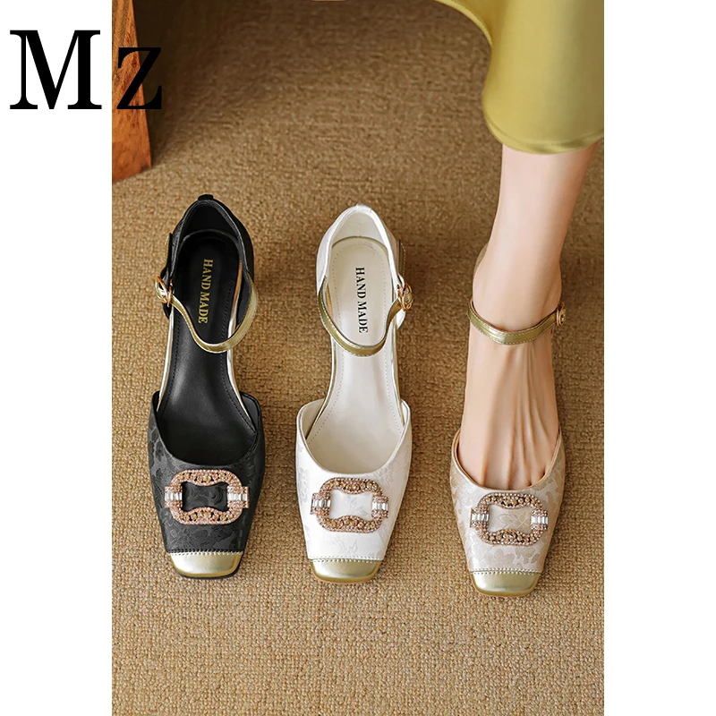 鞋匠小明/4.5cm/拼色一字带方头中空凉鞋夏季法式粗跟软底女鞋子