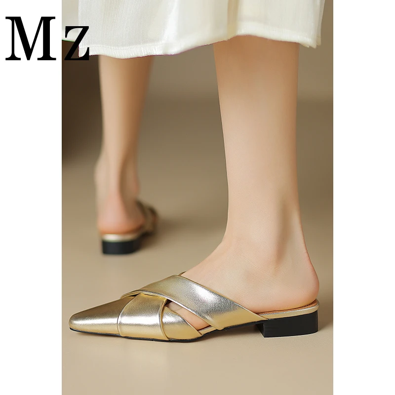 鞋匠小明/2.5cm/简约纯色包头后空凉拖鞋2024夏季编织风粗跟女鞋