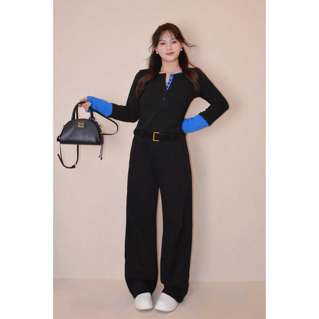 现货-JINJIUJIU【妈生超模腿】微胖简约高腰宽松百搭显瘦弯刀加绒女