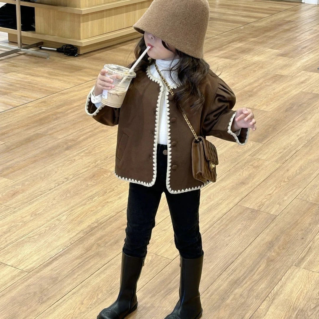 秋冬新款复古韩版女童泡泡袖呢料外套洋气绣花边上衣小脚裤套装