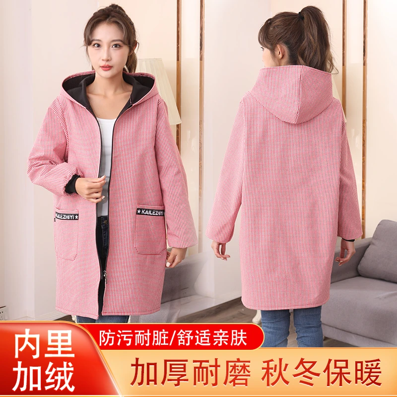 2023新款加绒罩衣长袖围裙女家用厨房防水工作服洋气保暖外套定制