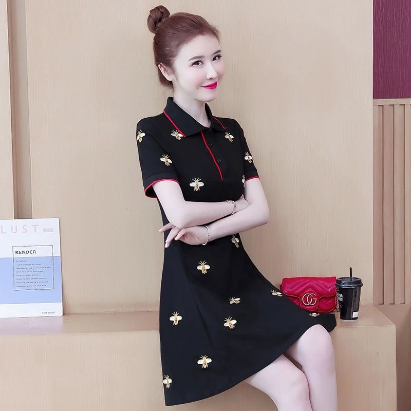 polo领减龄连衣裙女夏2023新款小蜜蜂刺绣显瘦休闲中长款A字裙子