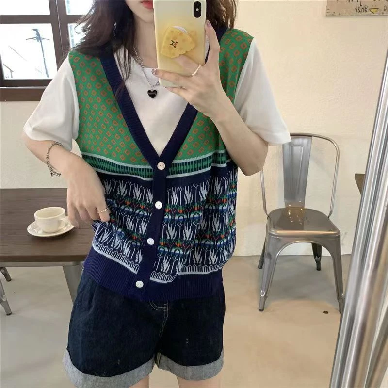 假两件t恤女夏设计感小众洋气宽松小香风短袖绿色冰丝针织衫上衣