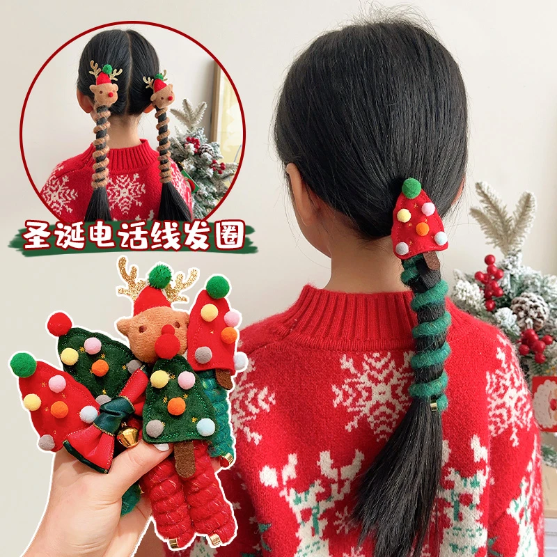 圣诞节儿童头饰2024新款女童高弹力电话线宝宝小女孩马尾扎发头绳