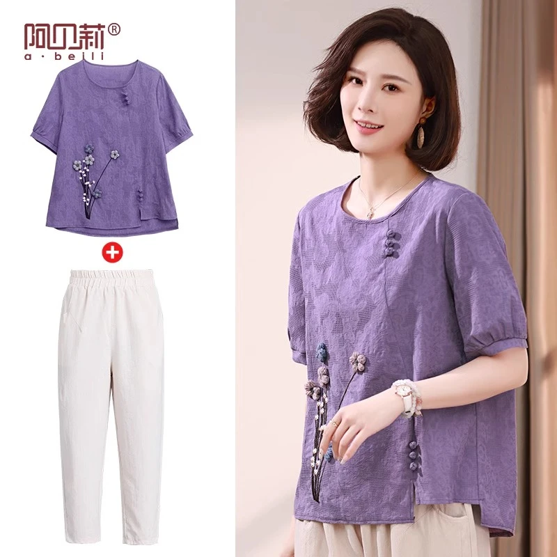 母亲节气质妈妈夏装套装洋气绣花纯棉短袖中老年女减龄宽松两件套