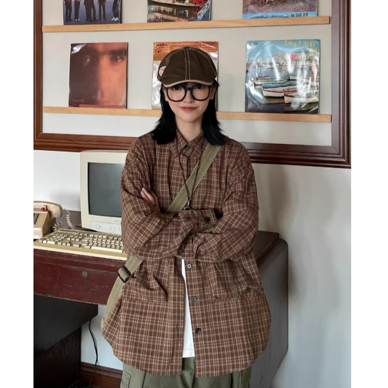 日系复古cityboy宽松格纹衬衫男女款春秋潮牌学院风百搭衬衣外套