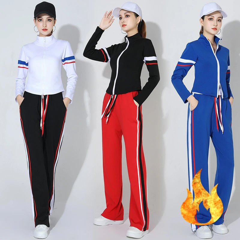 秋冬加绒新款广场舞健身操双拉链开衫女曳步舞运动休闲立领外套