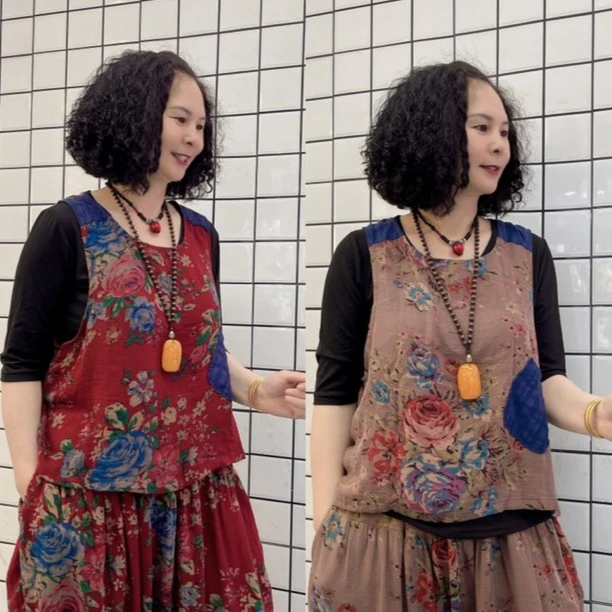 复古红花拼接马甲（150斤以内）