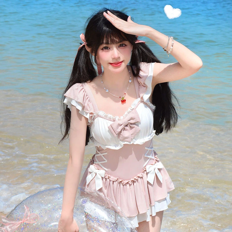 御茶家【618】芝士桃桃 甜美蝴蝶结黑粉色学生连体泳衣