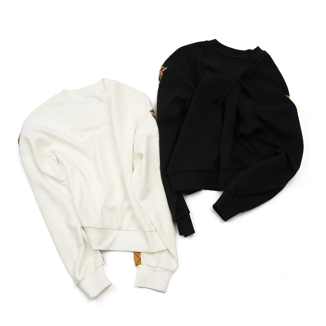 FAIRFAFO【贴格纹布拼接袖卫衣】WYGG39048简约黑白百搭休闲款卫衣