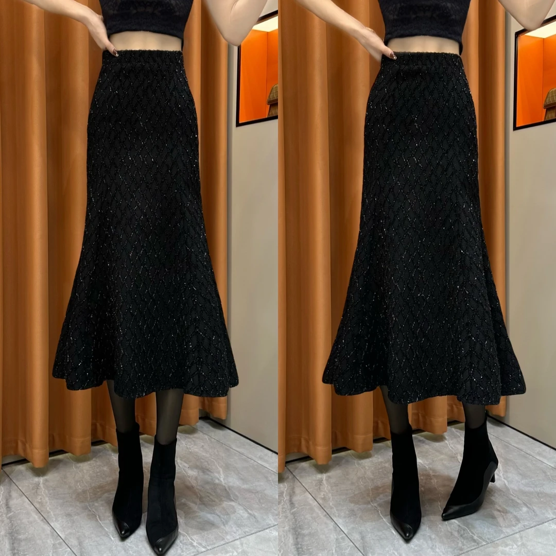 【柏芝推荐】2024冬季新款亮丝高腰显瘦半身裙时尚气质a字鱼尾裙