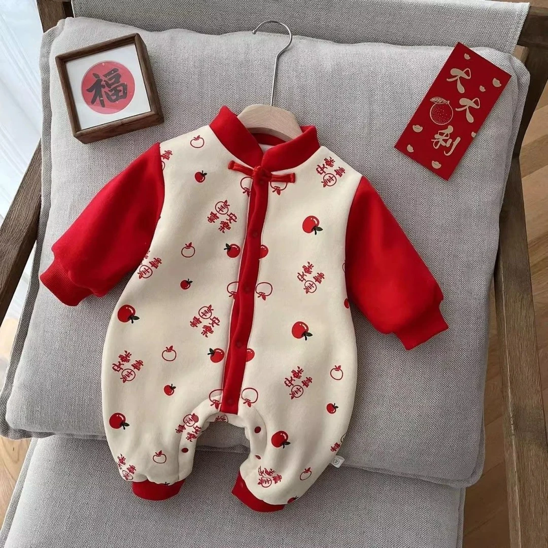拜年服婴儿喜庆加绒冬装哈衣宝宝超萌加厚保暖连体衣秋冬国风爬服