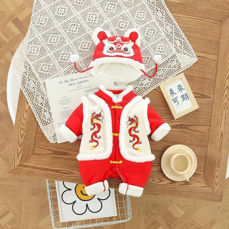 婴儿厚棉连体衣男女宝宝加绒加厚喜庆婴儿拜年服国风满月百天哈衣