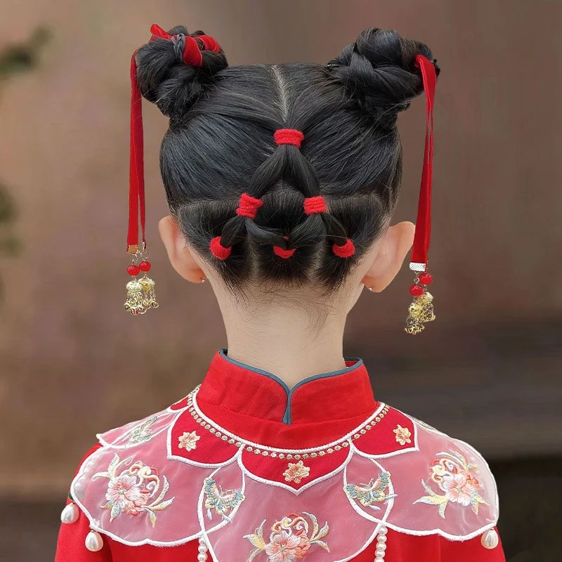 儿童红色植绒发带女童过年头饰古风编发绳喜庆女孩中国风可爱发饰
