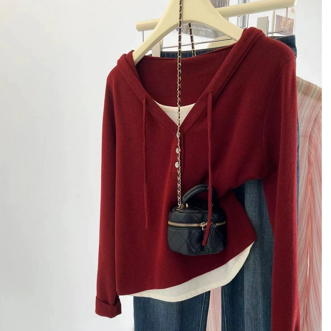 （9912）秋装新款女韩版显瘦时尚假两件百搭连帽线衫针织衫外套