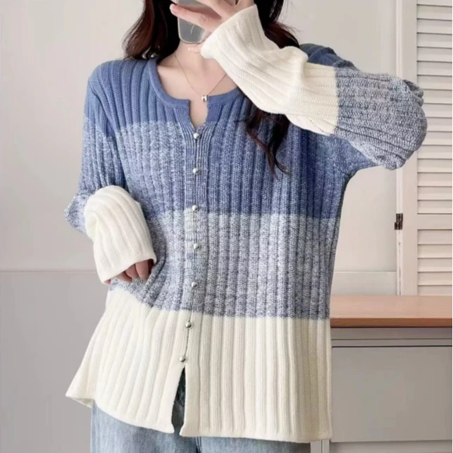 【9015】大码女装胖MM新款2024时尚渐变色针织衫法式打底衫遮肚上衣