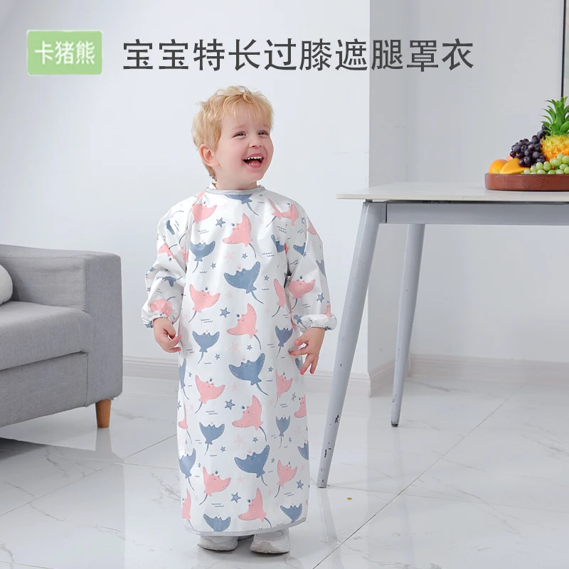 卡猪熊儿童吃饭画画防水防脏罩衣宝宝特长过膝遮腿可机洗送收纳袋