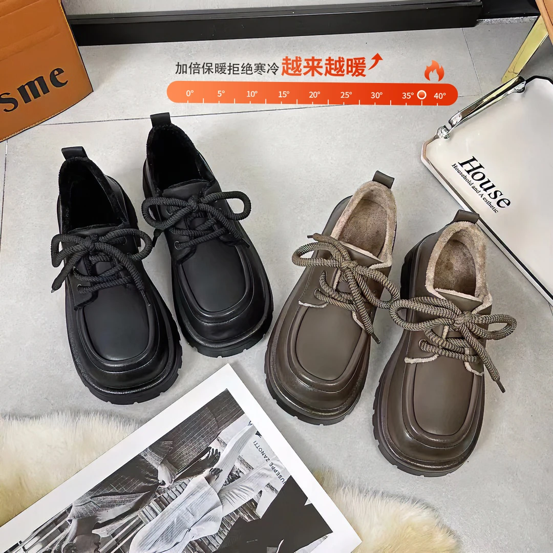 英伦风小皮鞋女2023秋冬新款复古加绒厚底增高系带乐福黑色单鞋