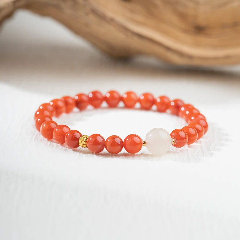 木欣欣瓦西南红6mm+和田玉藕粉单圈手串本命年女士轻奢手链