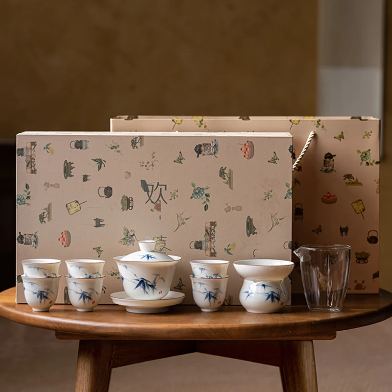 熹吾堂 手绘白瓷套装 三才盖碗功夫茶具家用客厅喝茶茶杯茶艺送礼
