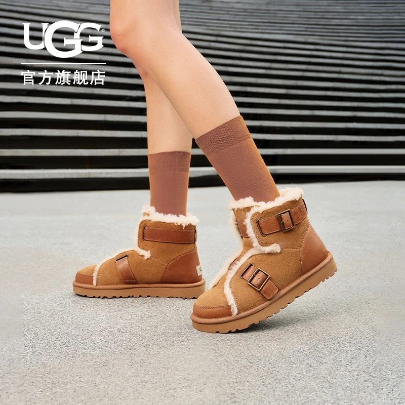 UGG秋季男女同款时尚舒适平底保暖溢毛休闲搭扣短靴雪地靴1119431