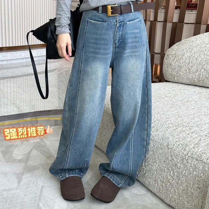 欧货直筒加绒牛仔裤女2024秋冬新款高腰垂感设计感运动休闲阔腿裤