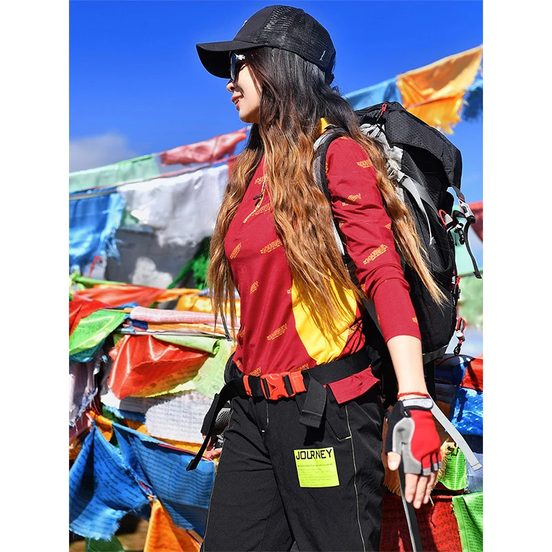 北京森林户外2025新品春夏印花长袖立领运动弹力透气速干衣T恤女