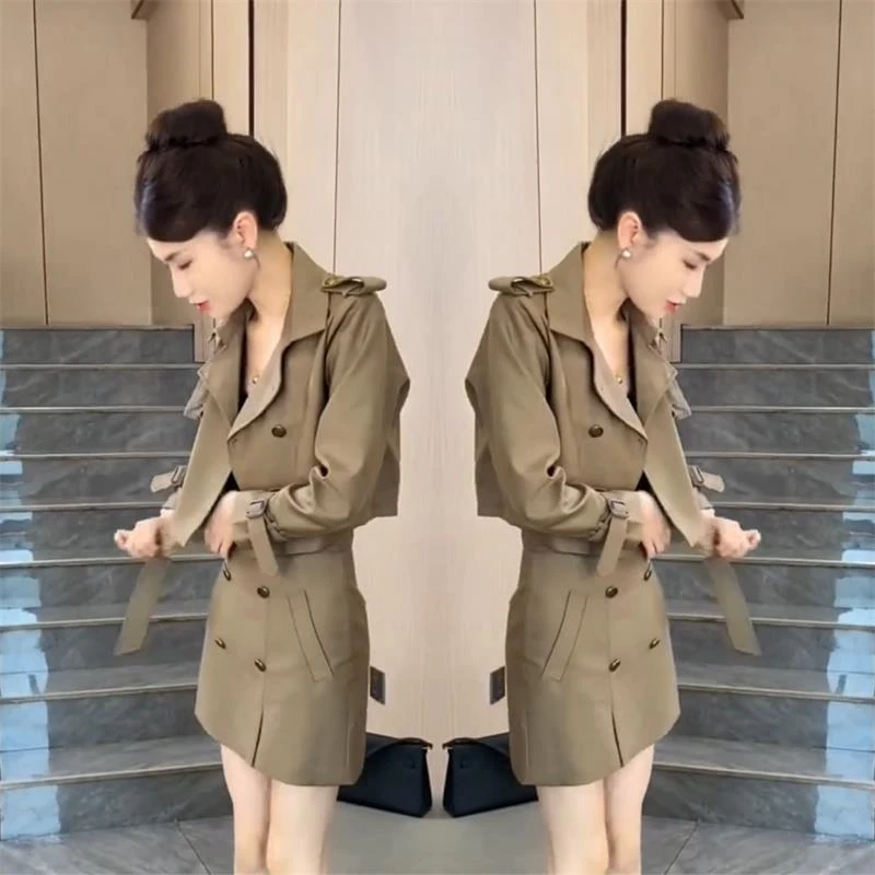 小个子网红爆款时尚套装裙女2024秋季新款高级感短款风衣+半身裙