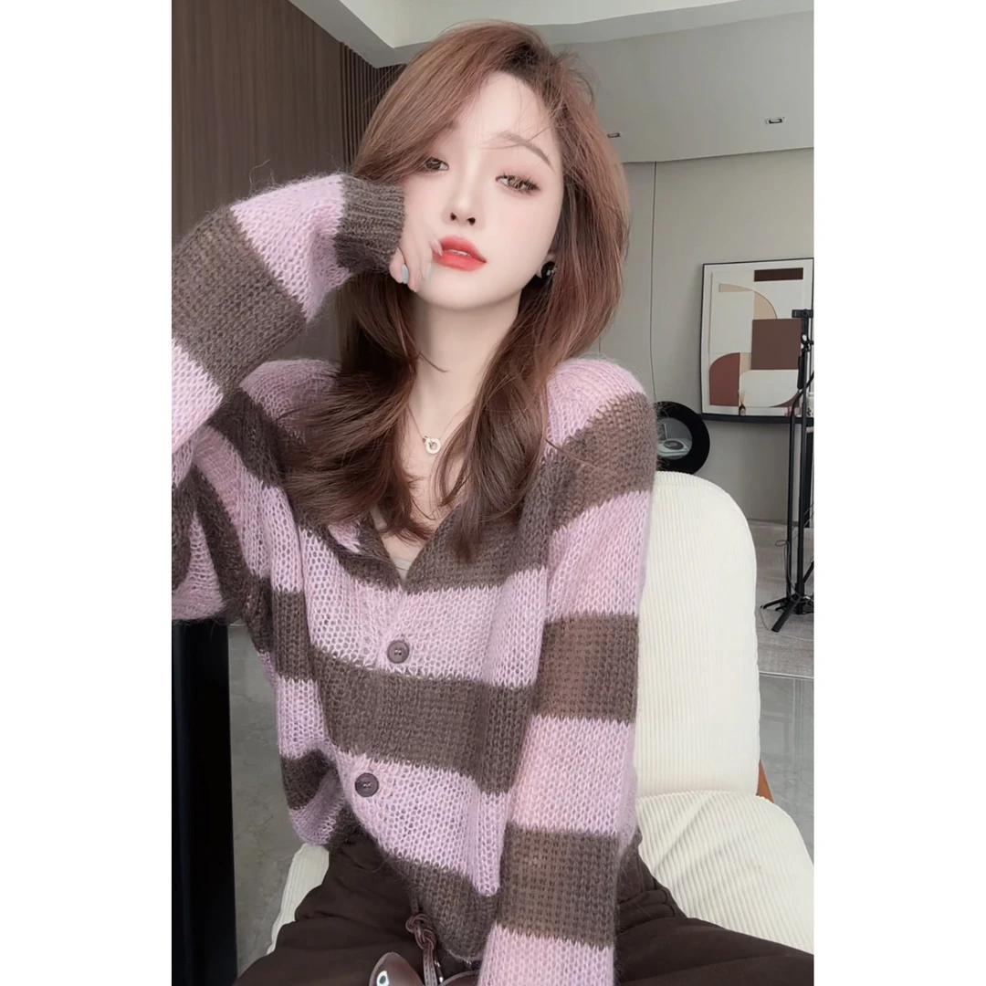 【CHEN】 40温柔减龄软糯马海毛毛衣拼色慵懒长袖针织开衫24092614