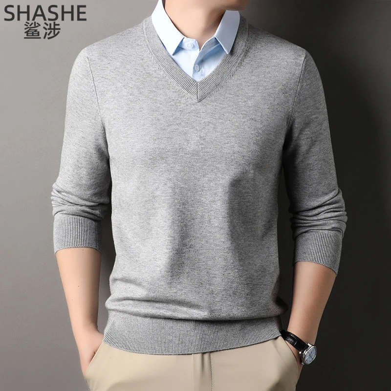 毛衣男鸡心领白衬衫假两件针织衫男中年秋冬季打底毛衫爸爸装上衣