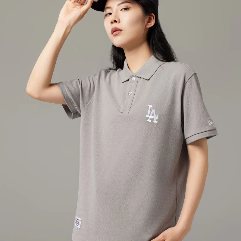 New Era x MLB洛杉矶道奇队Logo刺绣网眼短袖Polo衫男女同款 灰色
