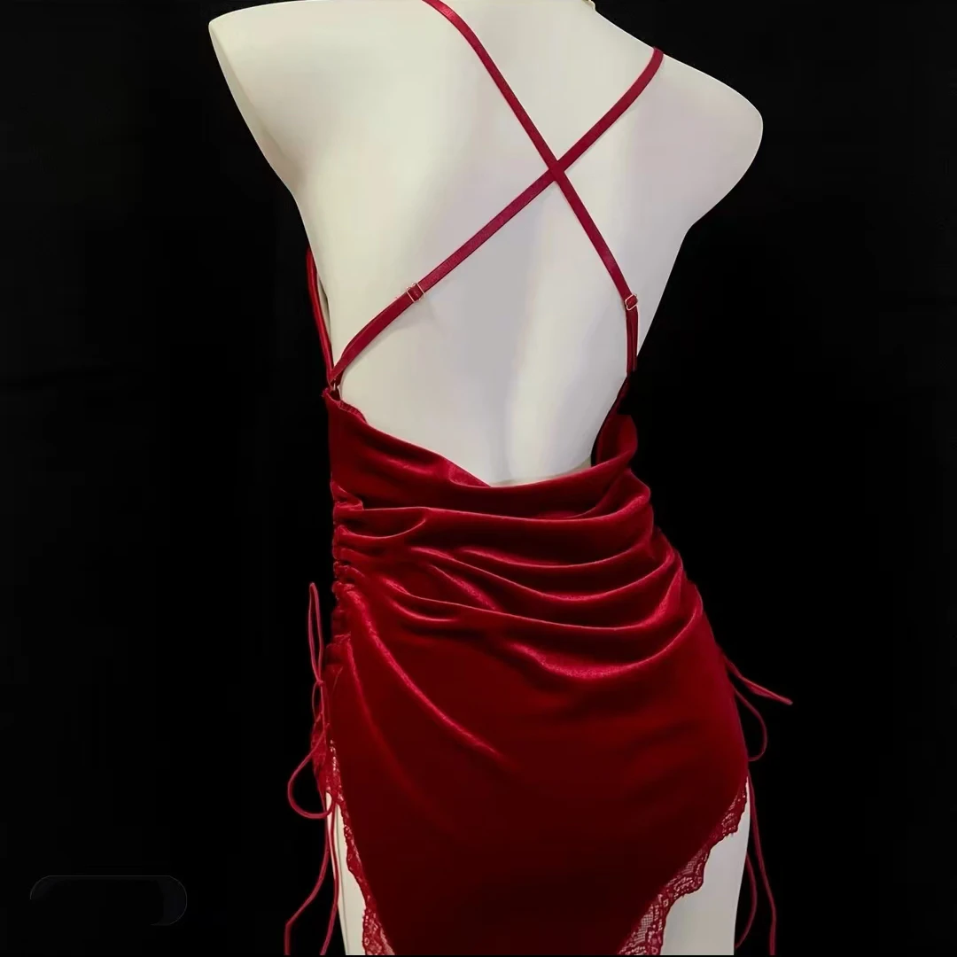 【朱砂痣】性感丝绒深V睡裙交叉系带露背诱惑整单法式纯欲风女士