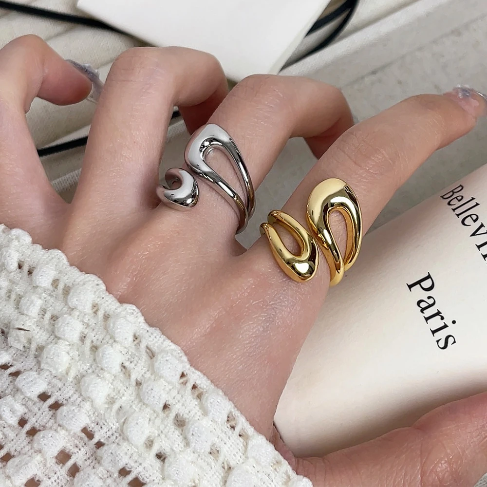 铜合金戒指 夸张交错几何戒指ins个性镂空水滴开口指环百搭食指戒