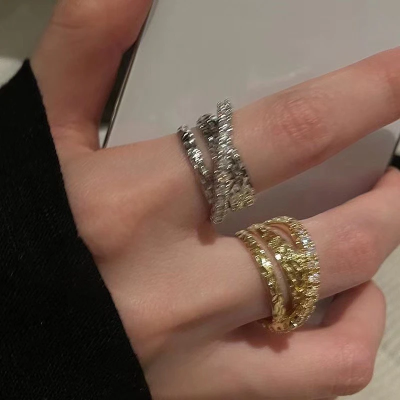 铜合金锆石戒指 多层开口戒指女轻奢小众高级感食指戒情侣指环潮