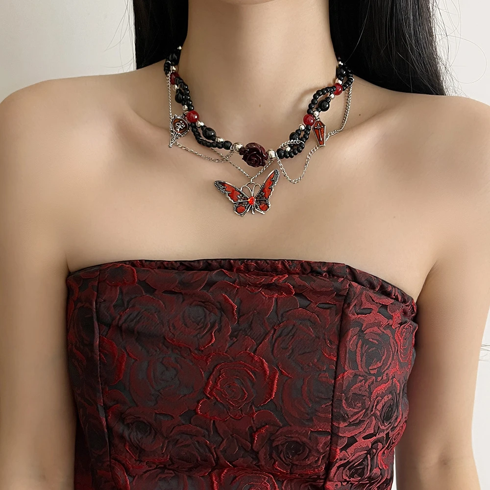 铜合金亚克力项链 暗黑哥特风蝴蝶花朵串珠项链女高级感辣妹颈链