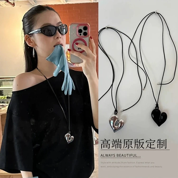 非金属皮质项链 韩系ins新款爱心吊坠项链女小众可调节抽拉毛衣链