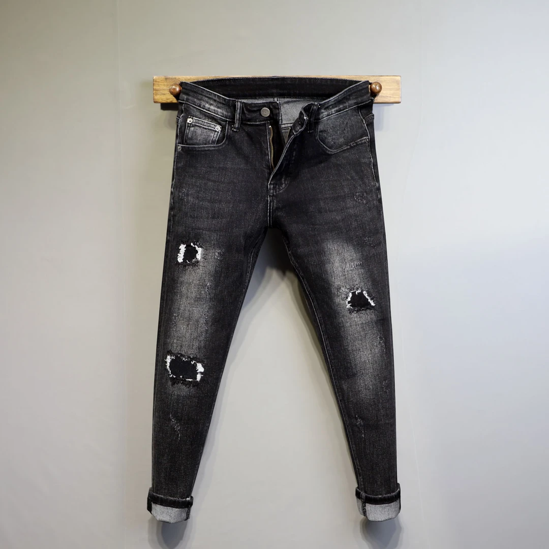 青年时尚黑色做旧水洗个性破洞补丁修身九分牛仔裤男士弹力小脚裤