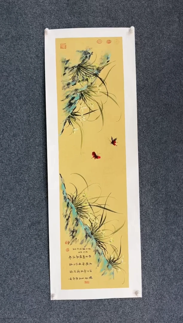 【闪购商品】绘画802-LYL-6尺对开金底-兰花双蝴蝶