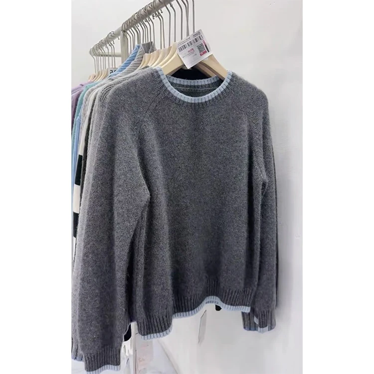 韩系2025早秋新款复古时髦减龄撞色圆领长袖针织毛衣上衣女外穿