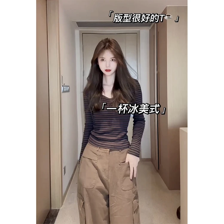 2025早春新款时髦百搭休闲条纹显瘦V领长袖T恤上衣女