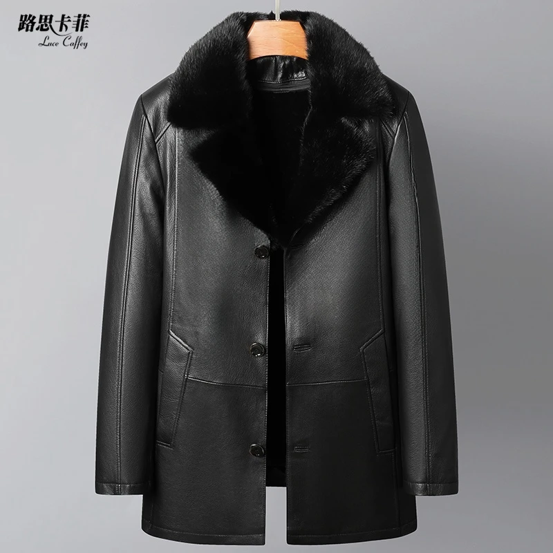 海宁中长款头层山羊皮可脱卸水貂毛领羊毛内胆男士皮夹克外套2306