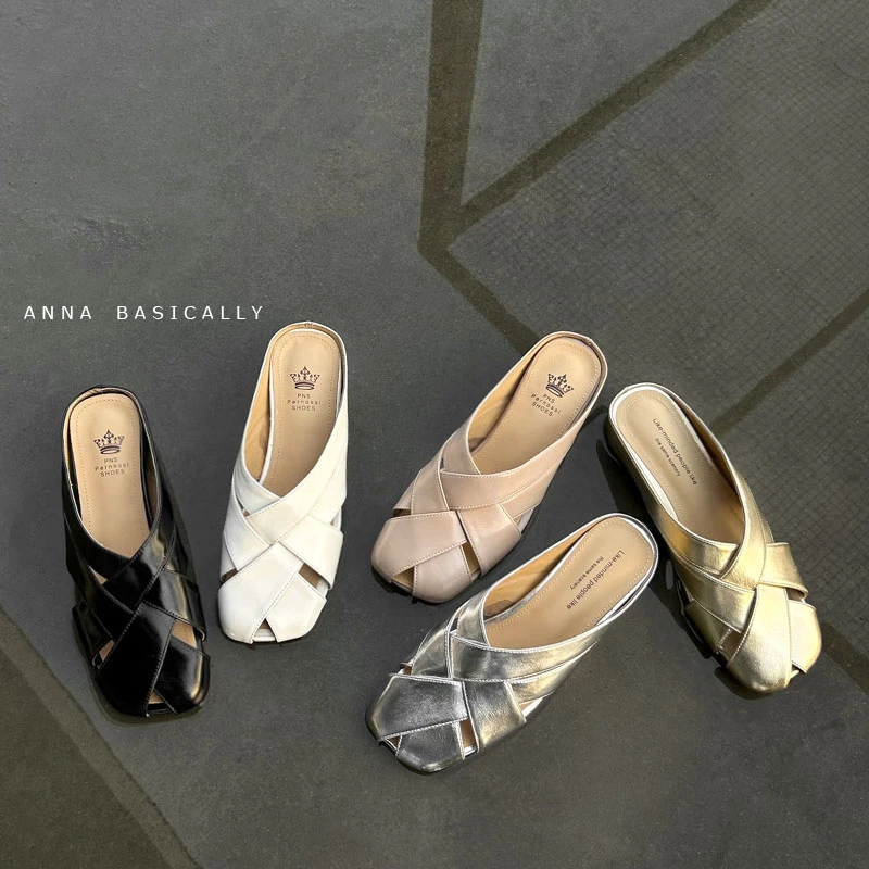 JX【少量现货】880/3.5cm牛皮包头半拖鞋女夏季平底方头凉拖低跟