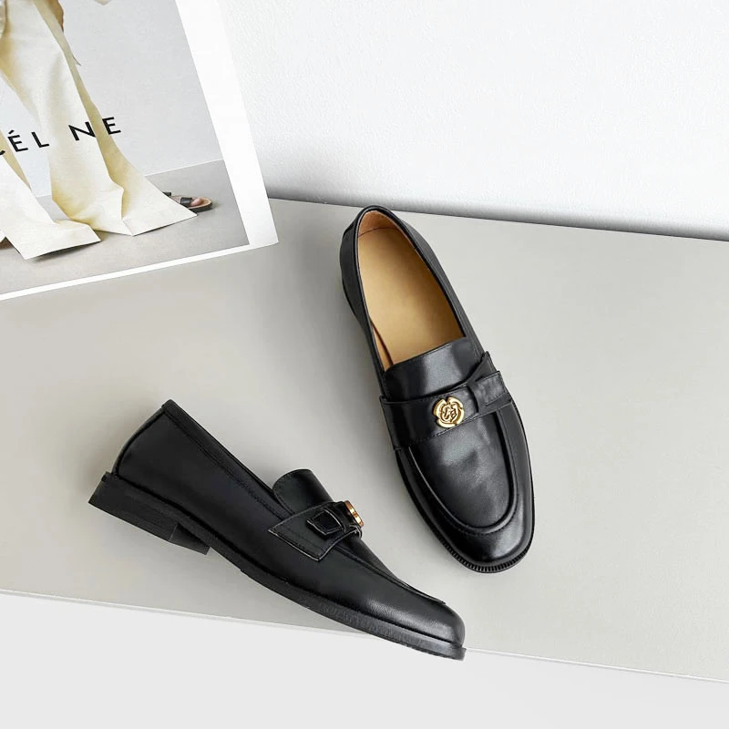 少量现货】UE978/2cm牛皮圆头乐福鞋女春秋季百搭黑色真皮单鞋平底