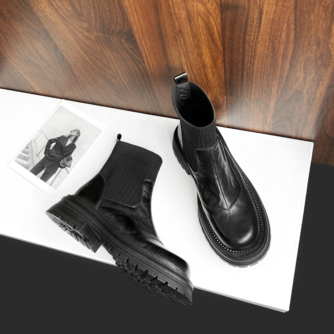 现货】4cm/FX1586牛皮增高厚底短靴女秋冬加绒弹力袜靴显瘦真皮