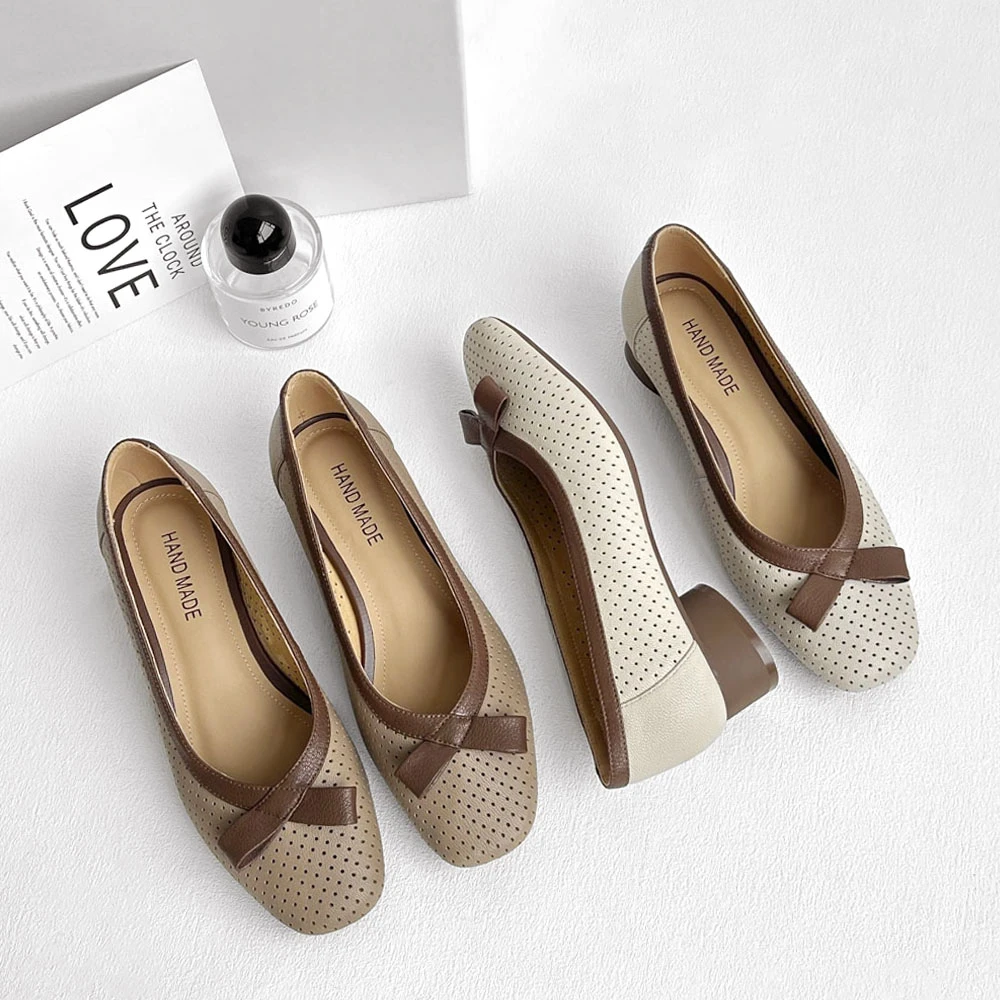 少量现货】XW1335/3cm羊皮粗跟浅口单鞋真皮百搭透气洞洞女鞋镂空