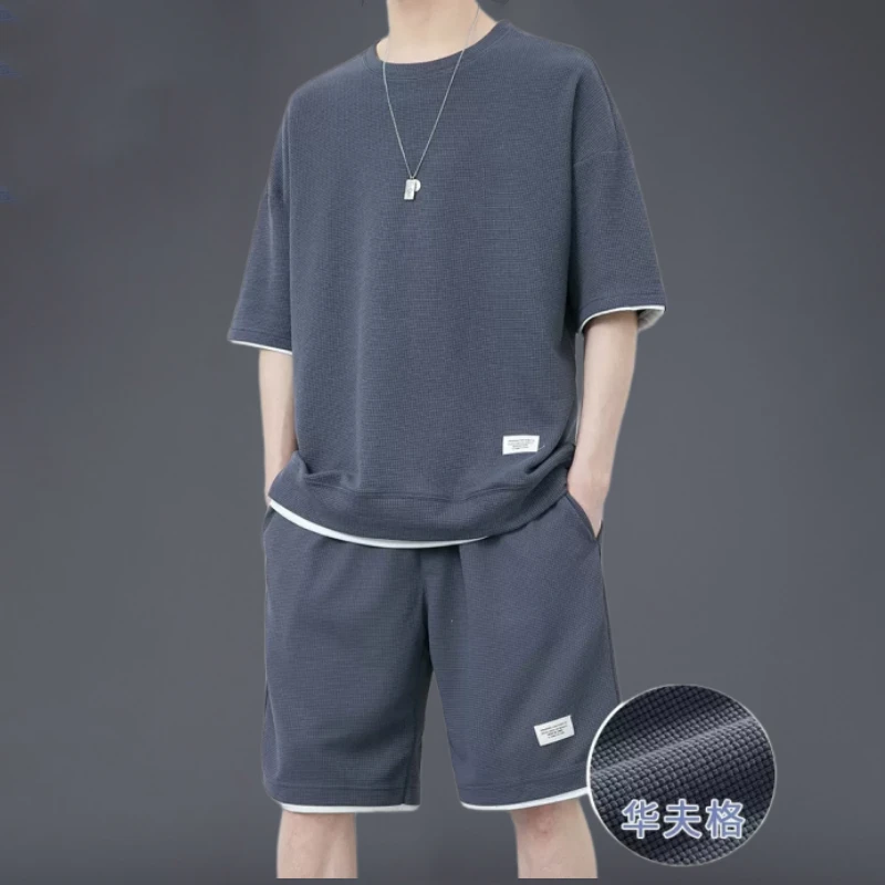华夫格假两件休闲套装夏季男士胖子大码短袖t恤帅气潮牌运动衣服