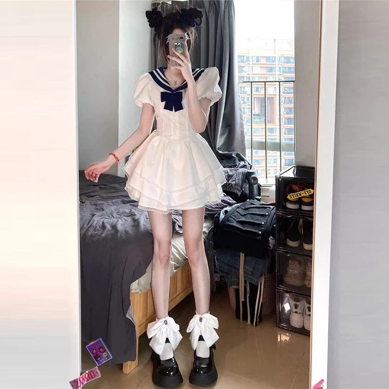 海军领连衣裙女夏季甜美辣妹纯欲初恋在逃公主裙日系收腰蓬蓬裙子