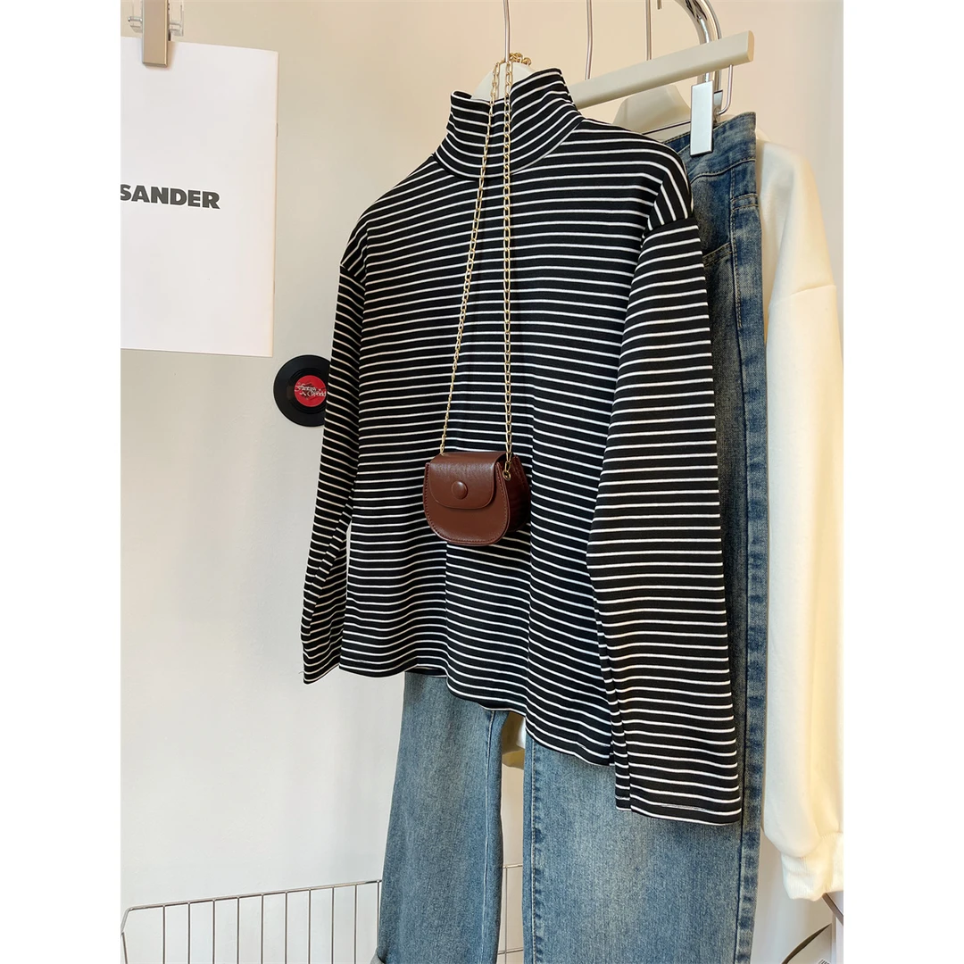 秋冬加绒打底衫女条纹长袖半高领内搭T恤韩版宽松小个子显瘦上衣