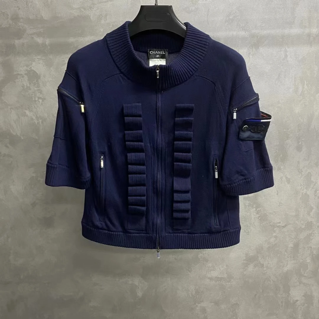 chanel 蓝色刺绣图案logo针织短袖/36/99新