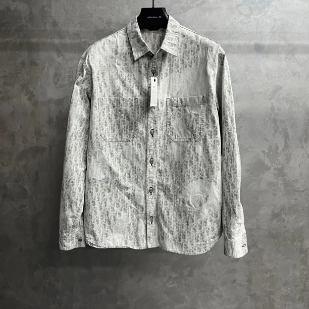 99新  oblique老花满印晕染做旧宽松长袖牛仔衬衫/40码